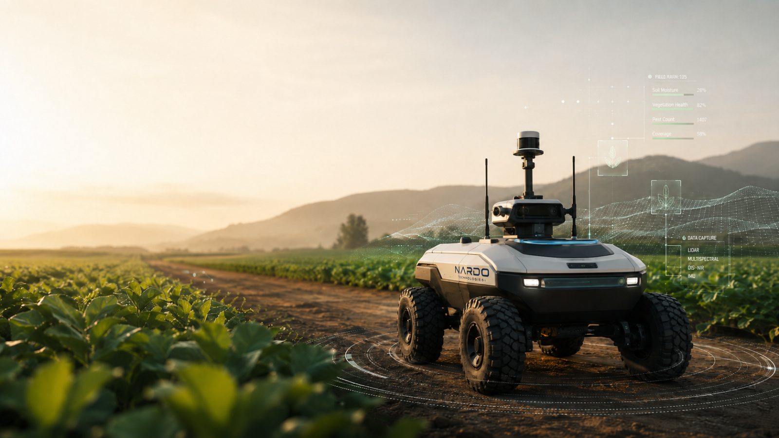 TERRA rover scanning crop rows at sunrise with live field metrics