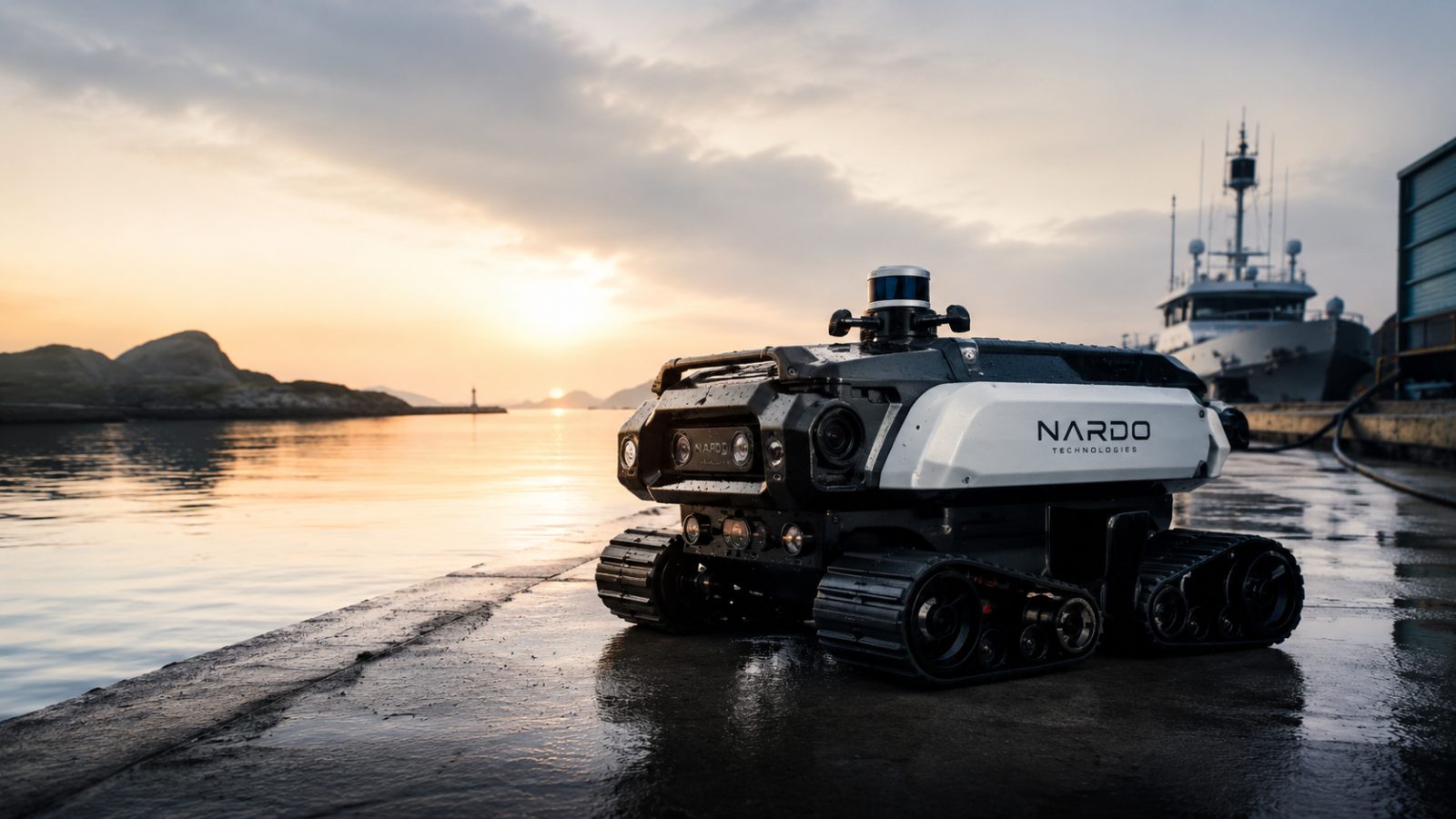 MARE tracked amphibious unit on a wet quay at sunset MARE tracked amphibious unit on a wet quay at sunset