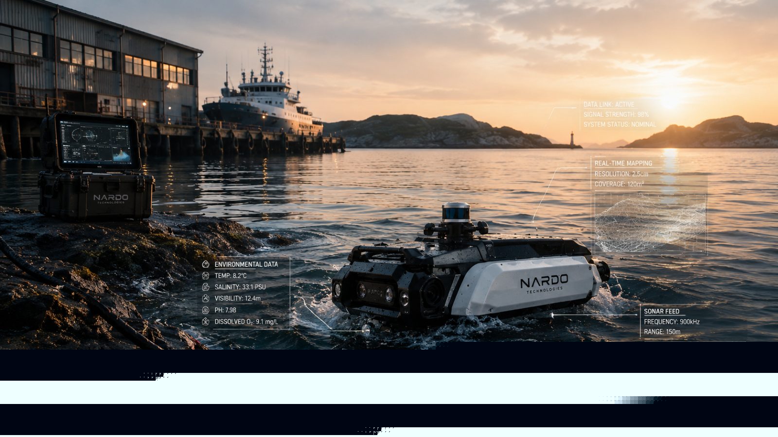 MARE entering the water from a rocky shoreline with live environmental telemetry